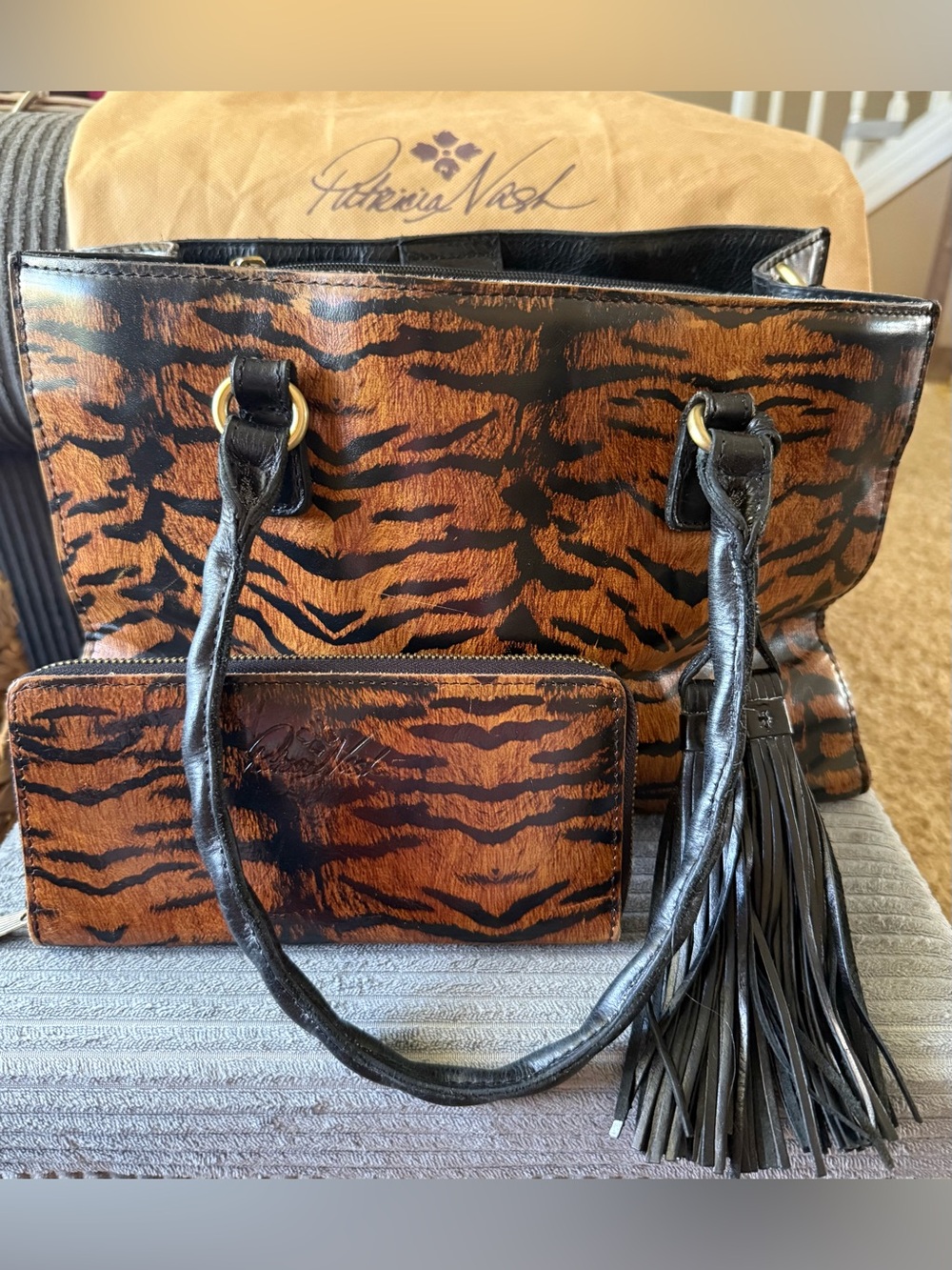 Patricia Nash Primrose Satchel Tiger-Print Leather Tote with Tassel & Wallet